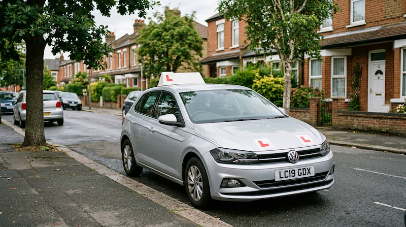 Driving school car with L-plates parked on a UK street